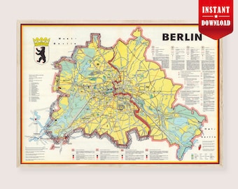 Mapa Berlina 1962, wydruk cyfrowy - stary plakat z mapą Berlina do pobrania, plakat z mapą Berlina, plakat podróżniczy do Berlina, jasny Berlin w stylu połowy XX wieku