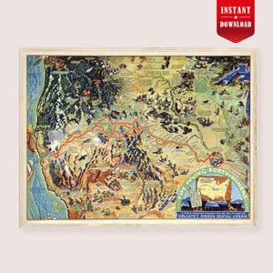 May include: A framed vintage map of the western United States, with an illustrated orange route. The map is titled "The Young Forty-Niners" and includes the text "Colgate's Ribbon Dental Cream". The frame is light wood.