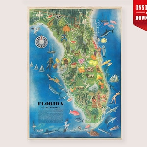 Florida Map Art Print Digital - Old Florida State Poster Download, Vintage Florida Pictorial Retro Map of Florida Tourist Print Map Digital