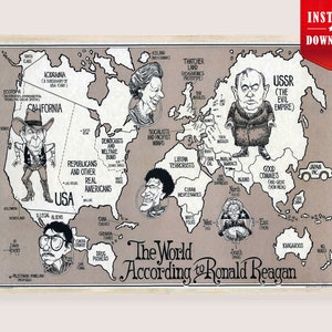 May include: A framed vintage map titled "The World According to Ronald Reagan." The map features caricatures of political figures and labels, including "USSR (The Evil Empire)" and "California." The artwork is in black and white with a beige background.