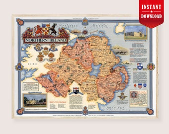 Nordirland karta 1947 Bartholomew utskrivbar vintage illustrerad kartografi nedåtbäddad Belfast Ulster historia konsttryck digitalt