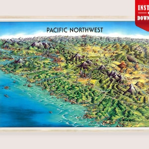 May include: A framed vintage map of the Pacific Northwest, showcasing the region's topography with detailed illustrations of mountains, cities, and waterways. The map is in a wooden frame and features the text "PACIFIC NORTHWEST".
