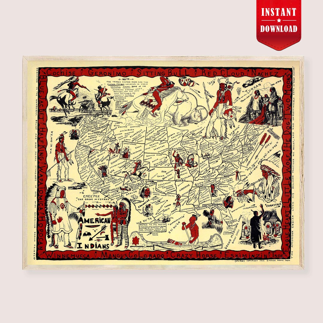 Native American Indians Map Download: American Tribes Print Vintage Map ...
