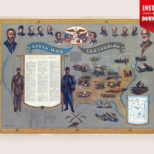 U.S. Civil War 1861-1865 Poster Digital - Civil War Centennial Historic Print Download US Civil War Study Rare Old Confederacy Civil War Map