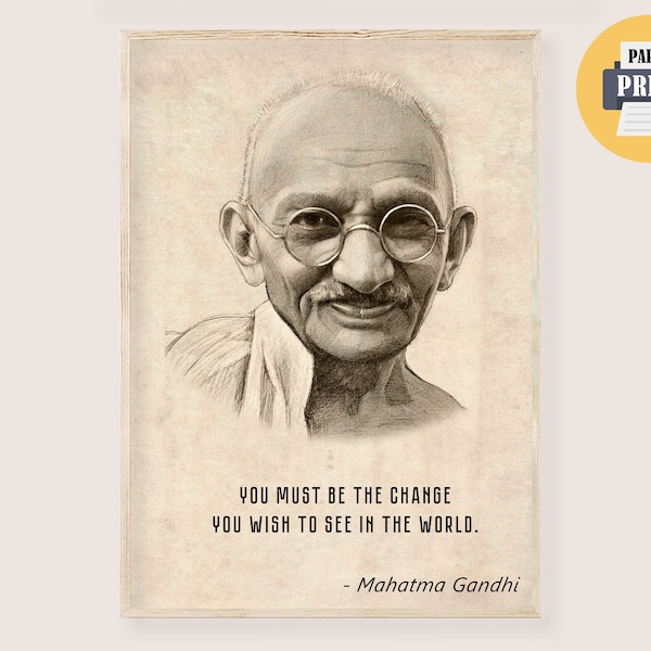 Mahatma Gandhi Art Print - Gandhi Zitat Poster, altes Gandhi Porträt Zitat Wandkunst, Gandhi Frieden Kunstdruck, Lesezimmer Gandhi Wanddekor