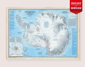 Antarctica Map Art Print Digital - South Pole Wall Art Home, Antarctic Circle Map Poster Download, Living Room Print Antarctica Retro Map