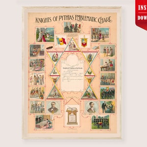 May include: A framed vintage print titled "Knights of Pythias Emblematic Chart." The chart features a central star design with various illustrations and text. The color palette includes beige, red, yellow, and blue. The print is an instant download.