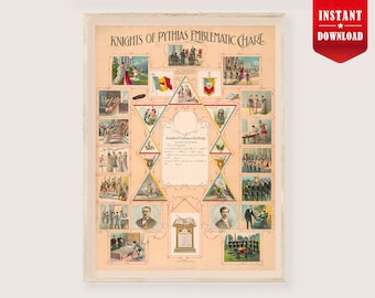 Knights of Pythias emblematic poster digital - Freemason art poster Masonic history Vintage Freemasonry  masonic print Freimaurer wall art