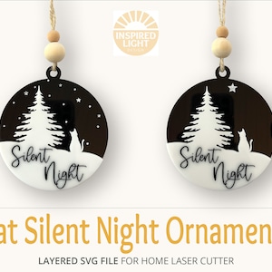 Cat Silent Night Ornament SVG, Laser Cutting Template, Cat Ornament SVG, Kitty Ornament, Silent Night with Tree, Stars, Kitten