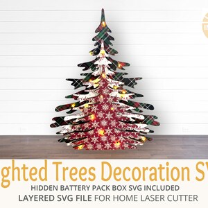 Verlichte bomen SVG met doos om batterij te verbergen, hoogste boom 10 inch, inclusief doos SVG, gebruik plakboekpapier of verf, gaten gesneden voor licht