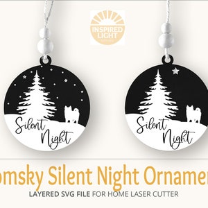 Pomsky Dog Silent Night Ornament SVG, Laser Cutting File, Pomsky SVG, Dog Ornament, Silent Night with Tree, Stars, Pomsky Dog Gift, Pomsky
