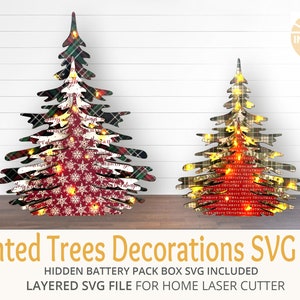 Lighted Trees SVG with Box SVG to Hide Battery Pack Bundle, Comes with 10 and 8 Inch Sets, Use Scrapbook Paper or Paint Holes cut for lights