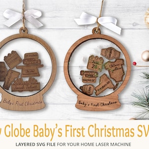 Baby's eerste kerst sneeuwbol ornament met geboortestatistieken stukken SVG-bestand, 2 baby bodysuits inbegrepen. Ruches en effen, informatie voor baby's