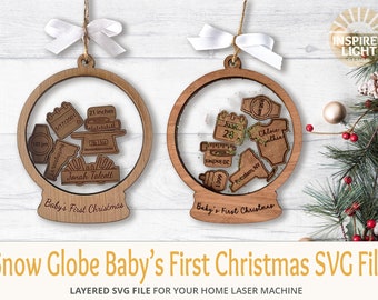 Baby's First Christmas Snow Globe Ornament with Birth Statistics pieces SVG File, 2 Baby bodysuits Included. Ruffles and Plain, Baby's info