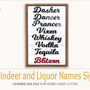 Renne e liquori nomi umoristici SVG File, Set di segni 2 dimensioni, taglio laser SVG, ballerino Prancer Vodka Tequila Blitzen Sign, regalo di Natale