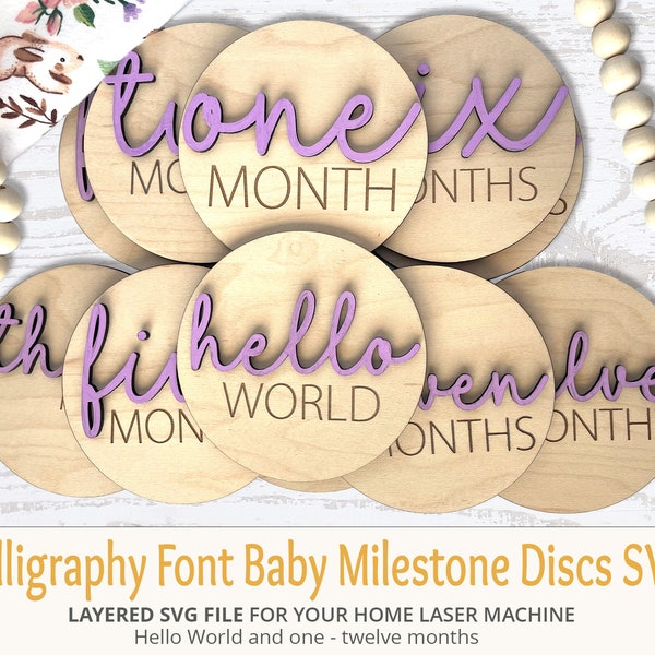 3D Calligraphy Monthly Wooden Baby Milestone Discs Markers SVG File, Baby Shower gift, Minimalistic Font, Hello World, Monthly Baby Prop