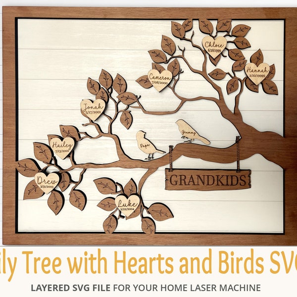 Family Tree with Hearts for Names and Birthdays and birds SVG File, Includes hearts and 6 birds, Tree with Frame and Back, Mother's Day Gift