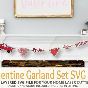 Valentine's Day Wooden Garland SVG File, Mantel Decoration with Hearts, Valentine Words and Truck, Valentine Decorations Laser Cutter File