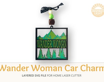 Wander Woman Hiking Car Charm Ornament SVG, Wandelaar geschenken, Glowforge Laser Cut File voor Crafting, Bergliefhebbers, Wandelen SVG, Wandelen vrouw
