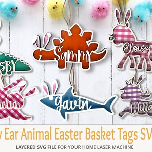 Animal Bunny Ear Easter Basket Tag Bundle SVG File, Dinosaur, Shark, Horse, Unicorn and Sloth with Bunny Ears, Personalized Gift Tags