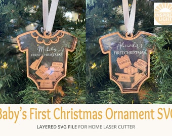 Baby's First Christmas bodysuit Ornament with Birth Statistics pieces SVG File, 2 Baby bodysuits Included. Ruffles and Plain, Baby's info