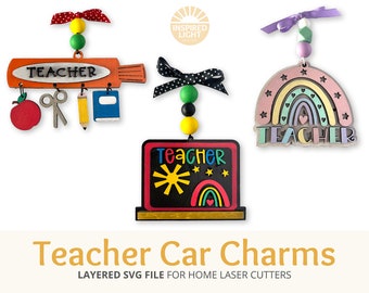 Ornement de charme de voiture d’enseignant SVG, Ensemble de 3, Fichier découpé au laser Glowforge pour l’artisanat, Cadeau d’enseignant, Cadeau de fin d’école, Merci, Modèle