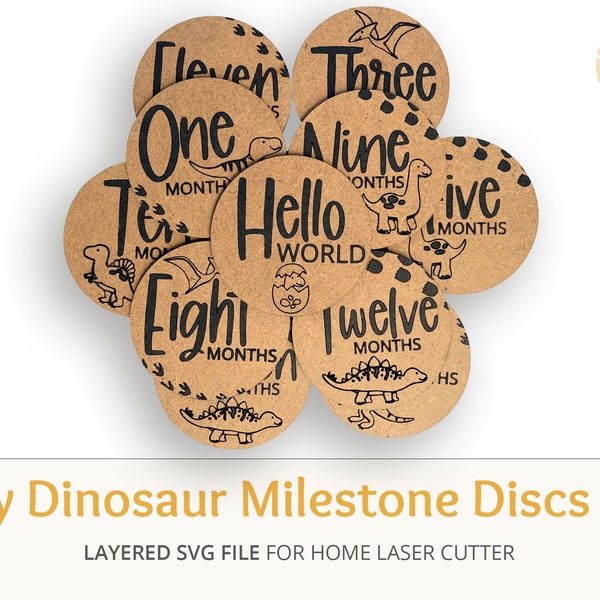 Dinosaur Baby Monthly Wooden Disc Milestone Markers SVG Digital Download, Set of 14, Baby Shower gift, Dinosaur Milestone Baby photo
