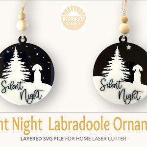 Labradoodle Dog Silent Night Ornament SVG, Fichier de découpe laser, Doodle Ornament SVG, Ornement de chien, Silent Night with Tree, Stars, Labradoodle