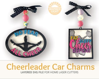 Cheer Cheerleader Car Charm Ornament, Set of 2, Cheerleader gifts, Cheer Coach Gift, Glowforge laser cut file for crafting, Digital SVG,