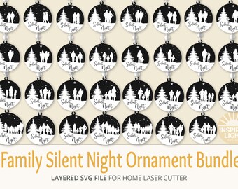 May include: A set of 24 layered SVG files for a home laser cutter. The files feature a family silhouette in a winter scene with the text "Silent Night".