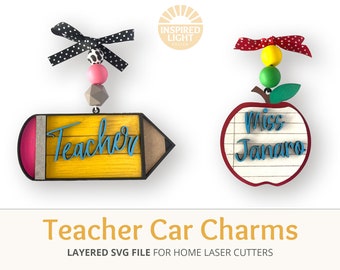 Teacher Car Charm Ornament SVG, teacher gifts, Set of 2, Glowforge laser cutter file for crafting, teacher gift, teacher end of school gift