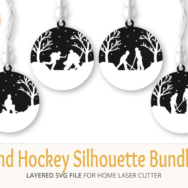 Pond Hockey Players Skaters Christmas Ornament SVG File Bundle, Personalized Ornament, Hockey Player Silhouette, Pond Skating, Ornament