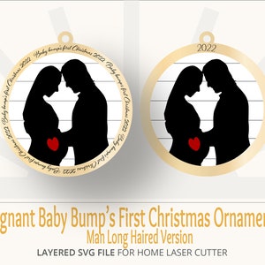 Pregnant Mom and Long Hair Father Ornament SVG, Baby Bump's First Christmas Ornament SVG 2022, Personalized Gifts Family, Pregnant Ornament