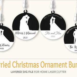 Our First Christmas Married Ornaments SVG, Laser Cutting Template, Customizable, Blank Option, First Year Married 2022, Bride Groom, Wedding