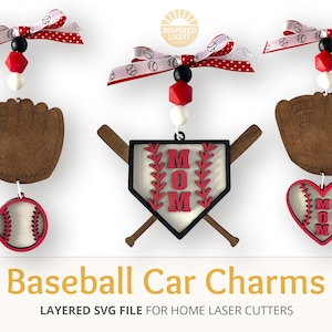 Baseball Car Charm Ornament SVG, Set of 3, Mother&#39;s Day gift, Baseball Glove SVG, PTA, Glowforge laser cutting File, Baseball Glove Charm