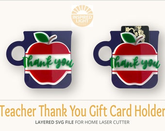 Tarjeta de regalo para maestros Titular de tarjeta SVG, Descarga de archivo de corte Glowforge, Regalo de maestro de gracias de Apple, Soporte de tarjeta de agradecimiento de café, Regalo de maestro
