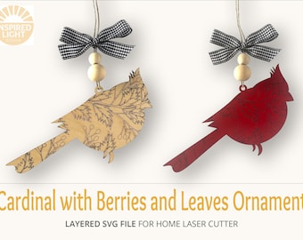 Cardinal with Berries and Leaves Ornament SVG , Comes with Score/Engrave Files, Laser Cutting Machine File, Christmas Tree Memory Ornament