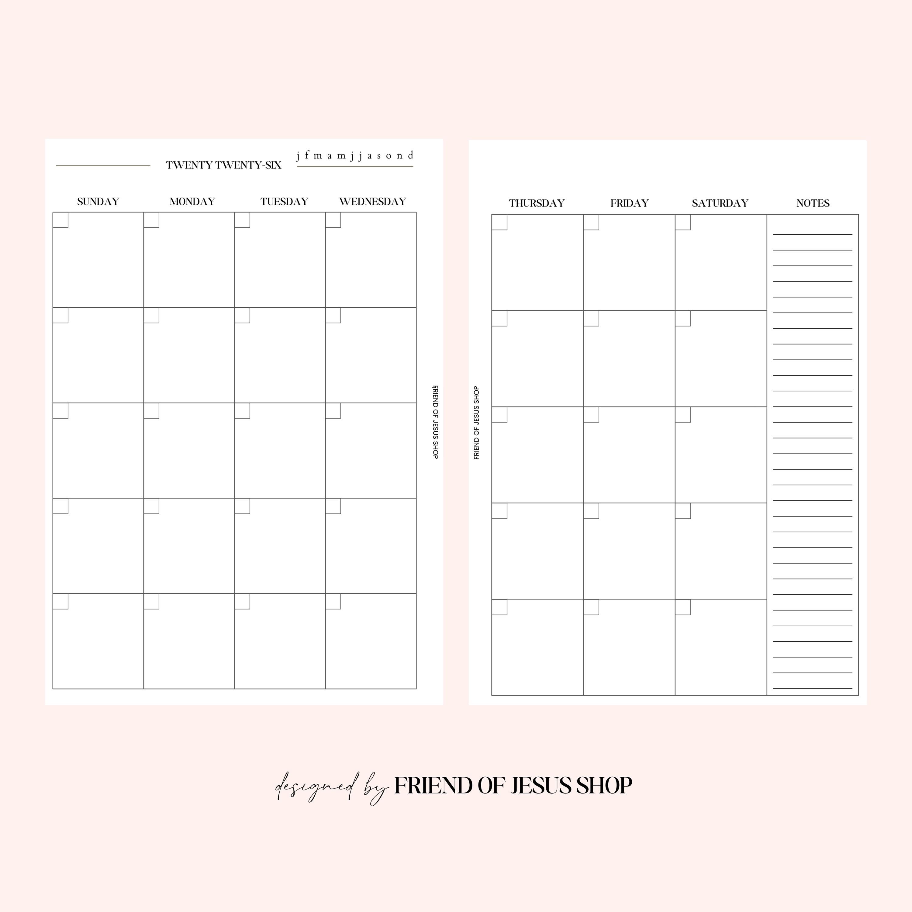 A5 Monthly Calendar Two Page Spread | Monthly Overview | Notes | Digital Download | 2025 Calendar | 2026 Calendar | Printable Insert - Thumbnail 5