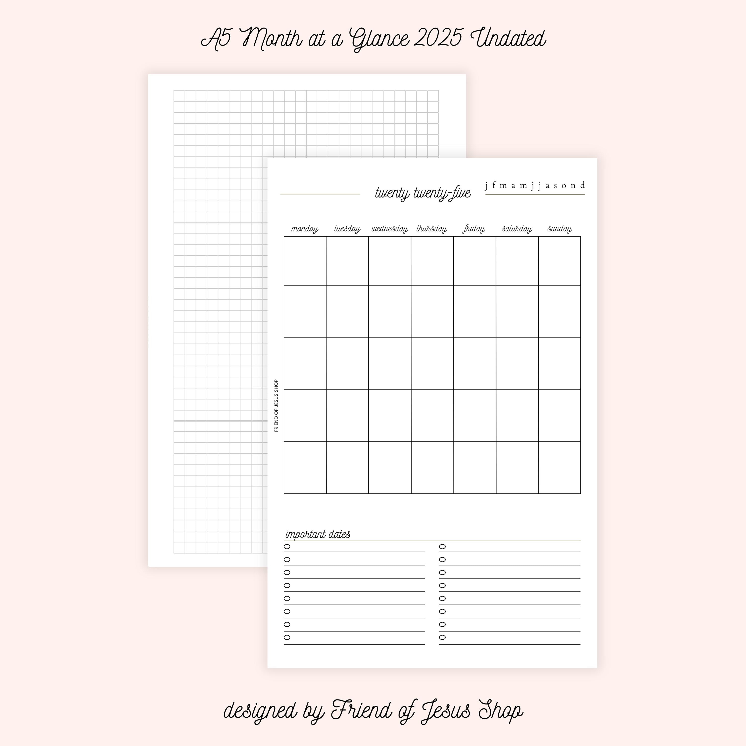 Month at a Glance | A5 Planner Insert | Printable Monthly Overview | Minimalist Digital Download | Undated Monthly Planner Page | PDF - Thumbnail 2