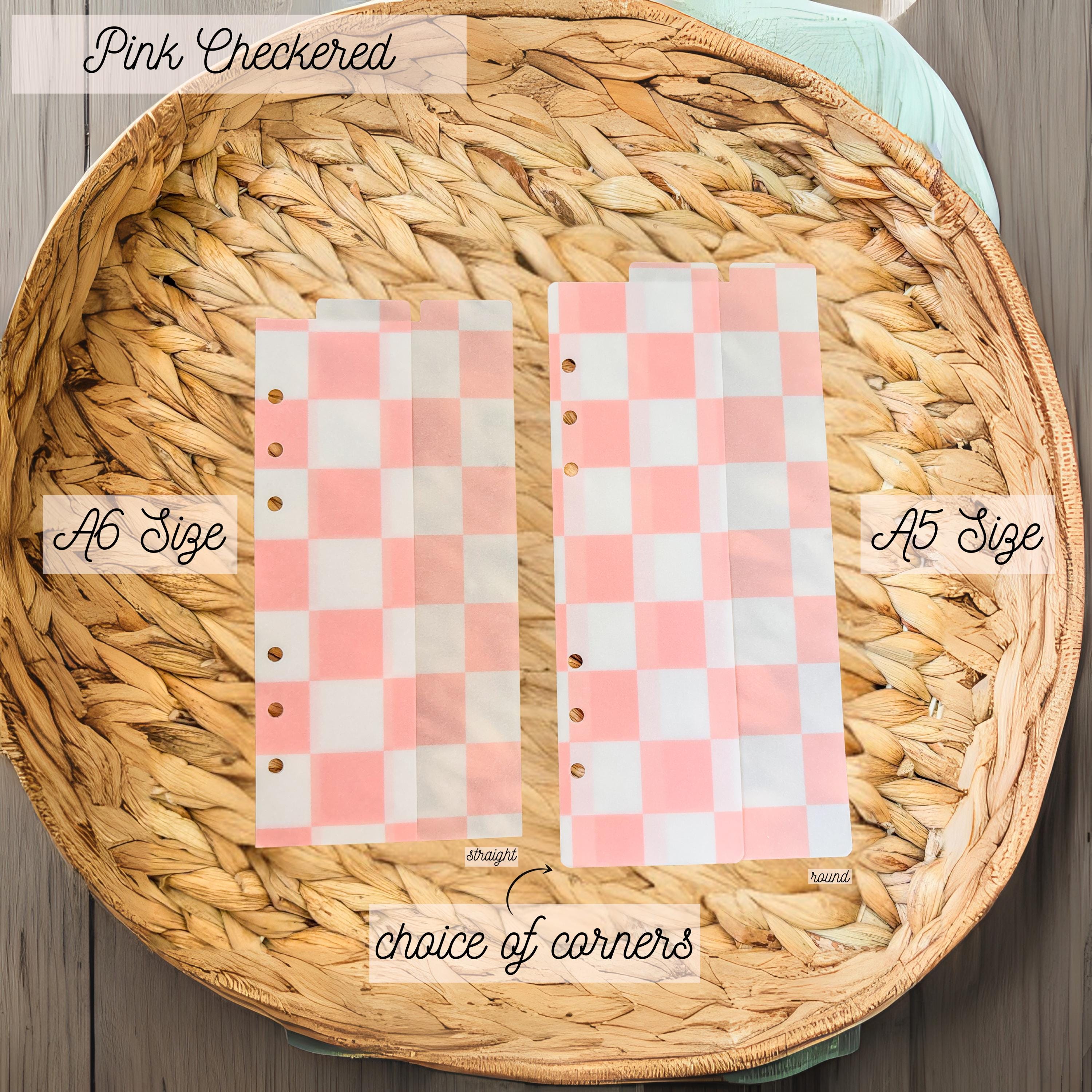 A5 A6 Vellum Top Tab Dividers | 2-Pack Handmade Planner Inserts | Laminated for Durability | Pink Checkered | Cash Envelopes | Budgeting