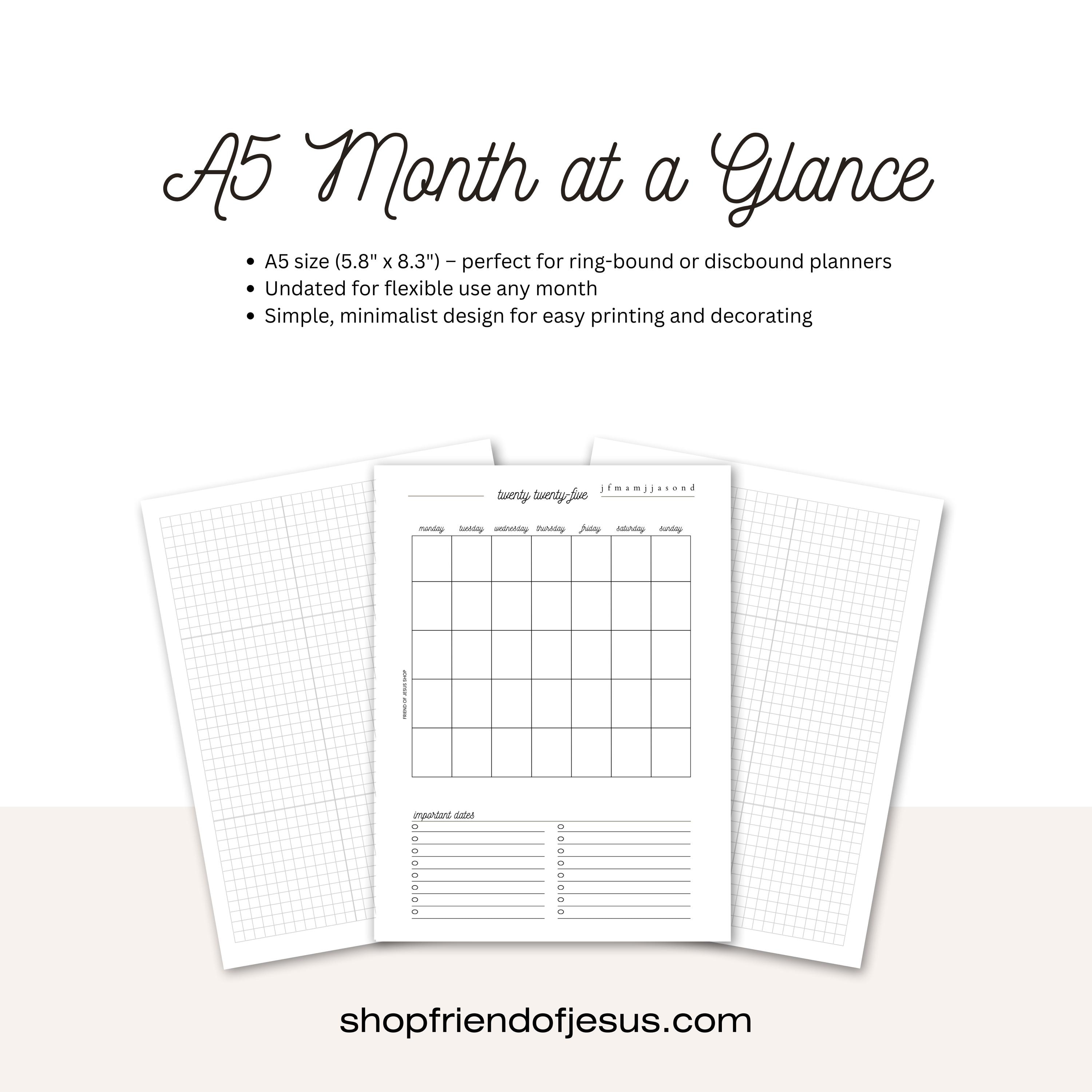 Month at a Glance | A5 Planner Insert | Printable Monthly Overview | Minimalist Digital Download | Undated Monthly Planner Page | PDF