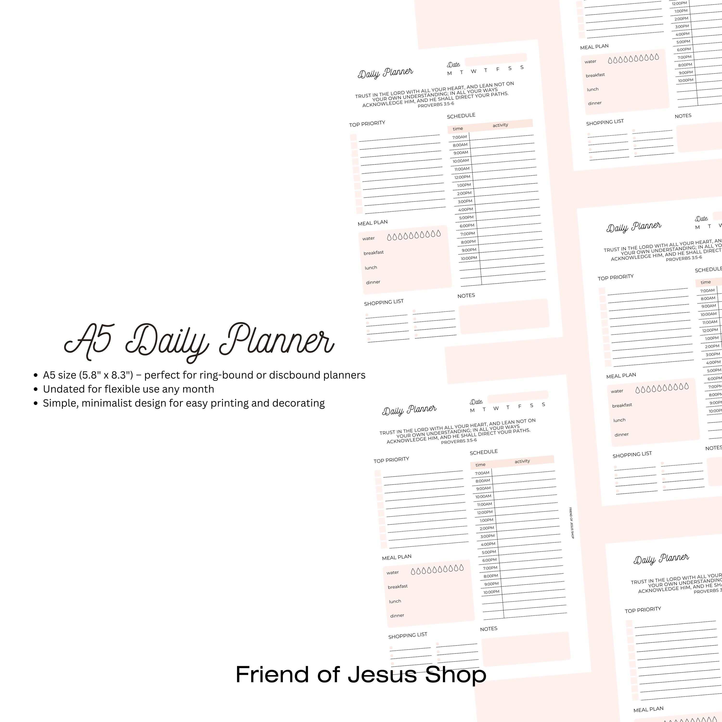 Undated Daily Planner | Printable Planner Pages | Daily Schedule, Top Priority, Meal Plan, Shopping List + Notes | Instant Digital Download