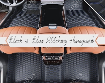 Black with Blue Stitching Car Mats, Honeycomb Car Floor Mats, Custom Car Mats, Luxury Leather Car Mats Full Set, Car Decor, Car Accessories