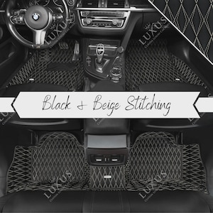 Black with Beige Stitching Custom Car Mats, Twin Diamond Design Car Floor Mats, Luxury Leather Car Mats Full Set, Car Decor, Car Accessories
