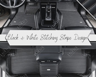 Black with White Stitching Stripe Car Mats, Custom Car Floor Mats Full Set, Eco-Friendly Leather Car Mats, Car Decor, Car Accessories