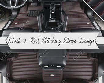 Black with Red Stitching Stripe Car Mats, Custom Car Floor Mats Full Set, Eco-Friendly Leather Car Mats, Car Decor, Car Accessories