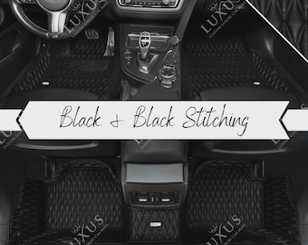 Black with Black Stitching Custom Car Mats, Twin Diamond Design Car Floor Mats, Luxury Leather Car Mats Full Set, Car Decor, Car Accessories