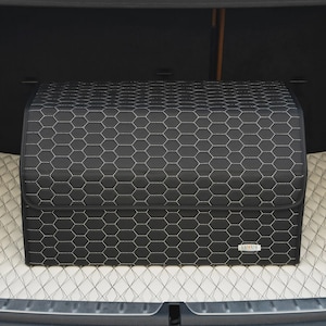 Luxus Car Trunk Organizer, Car Storage Solution, Car Trunk Storage for Travel, Travel Car Accessory - Black with White Honeycomb Stitching