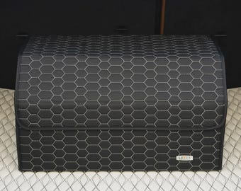 Organizador de maletero de coche de lujo, solución de almacenamiento para el coche, accesorio de viaje para el maletero, negro con costuras blancas de panal.