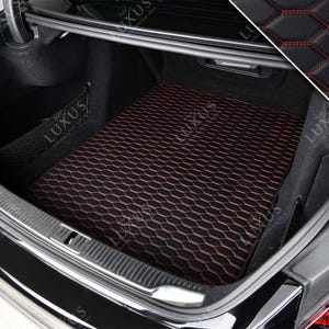Luxus Premium Honeycomb Custom Trunk Liner, Trunk Liner Mat, Car Trunk Mat, Leather Car Boot Mat, Car Decor - Black with Red Stitching
